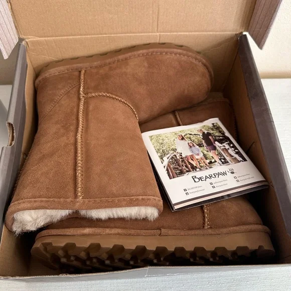 New BearPaw Elle Cognac Suede Sheep Skin Wool Mid Height Boots Women’s 8 - Picture 2 of 15